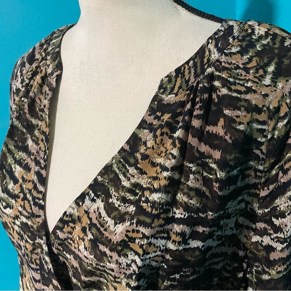 Joie S Brown Print 100% Silk Surplice Neck Long Sleeve Mini Dress - Picture 5 of 7